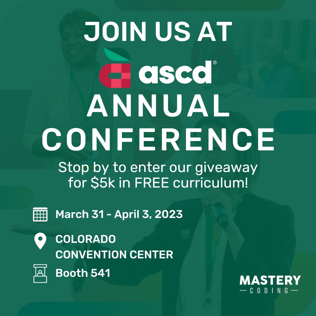 UKnowIGotSoul's tweet photo. Come see us at booth 541, say hi to our team, and enter our giveaway for free Mastery Coding curriculum! We hope to see you there. #ascdconference #ascd2023 #ASCDAnnualConference https://t.co/kjgdvR6ZqP

via @masterycoding