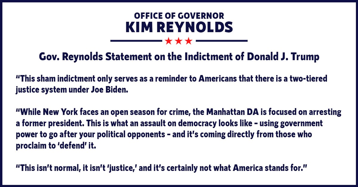 KimReynoldsIA's tweet photo. While NY faces an open season for crime, the Manhattan DA is focused on arresting a former president. This is what an assault on democracy looks like – using government power to go after your political opponents – &amp; it’s coming directly from those who proclaim to ‘defend’ it. https://t.co/bGZbVnu4hJ