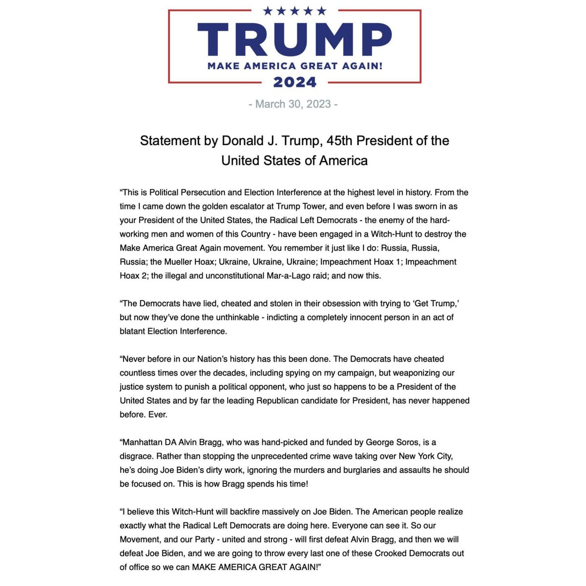 BREAKING: Official Statement by Donald J. Trump, 45th President of the United States of America: “This is Political Persecution and Election Interference at the highest level in history.'