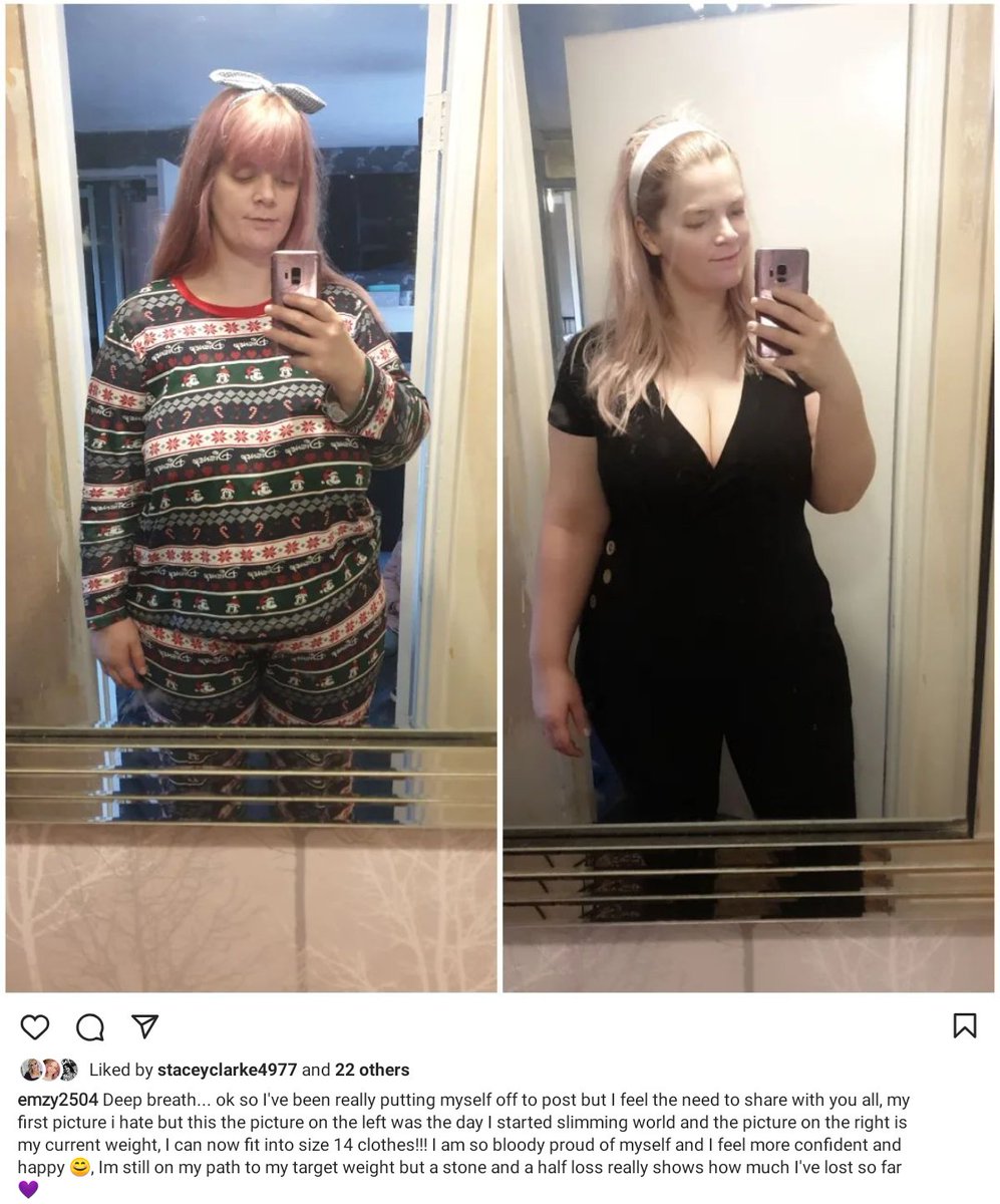 EmmaCalloway1's tweet photo. I posted this on my Instagram 2 weeks ago, I've lost another 2 and a half lbs since then, I'm super proud of myself for looking this much in 13 weeks, I've got a while to go yet but I will get to my target weight 💜 https://t.co/I4246Xv08l