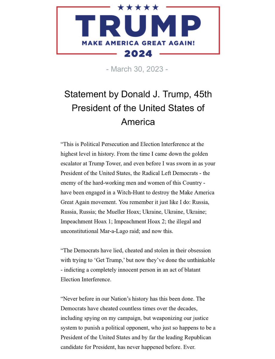 BREAKING: Donald Trump releases a statement on his Indictment: