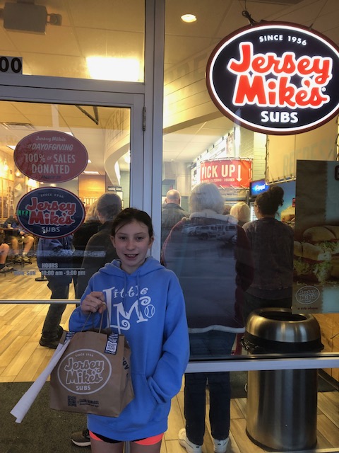 Alix made a to-go order at Jersey Mike's Subs on their "Day of Giving" in Victor, New York. Thanks for being a part of a great cause!