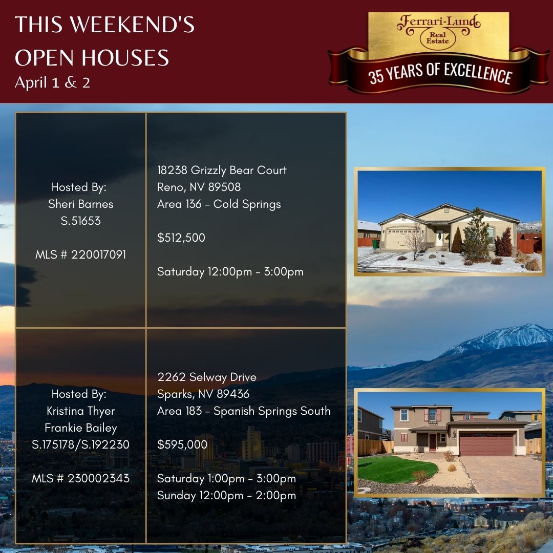 We have some beautiful homes for sale! Check out this weekend's open houses. 
.
#ferrarilund #realestate #openhouses #buyingandsellinghomes #renonv #sparksnv #renosparks #realestateagents #realtors #newhome #makethemove