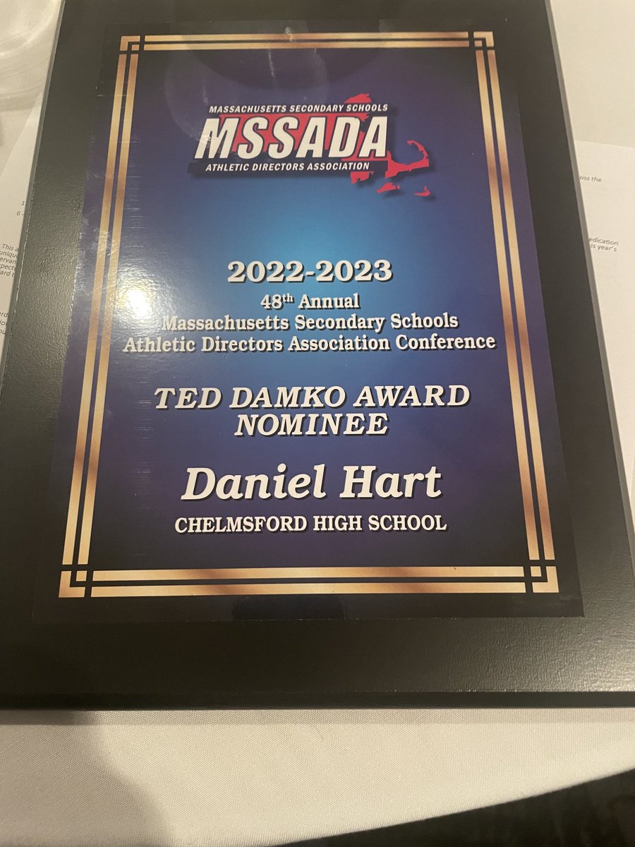 Congrats to AD Dan Hart ⁦<a href="/_LionsAthletics/">Chelmsford HS Athletics</a>⁩ on receiving the Ted Damko Award