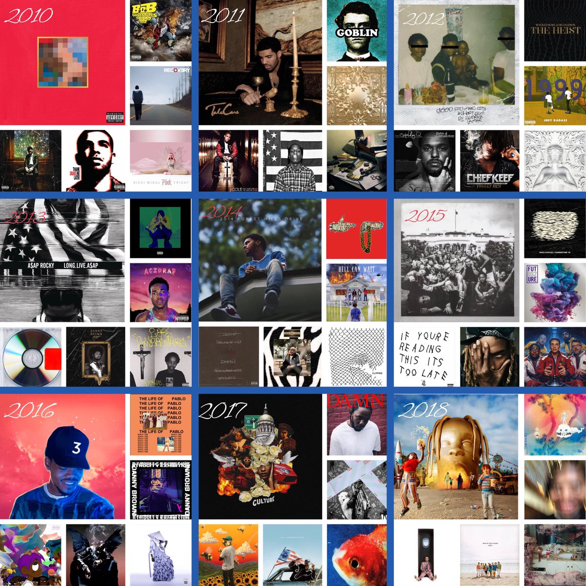 kosodatehiphop's tweet photo. 私が本格にUS HIPHOPを聴き始めた2010年から、その年を象徴する6枚を選んでみました。6枚しか選べないのがつらかった😢
コメント欄に詳細をツイートします。
やはりUS HIPHOPは時系列でみると面白い。 https://t.co/2fDmTpGrh0