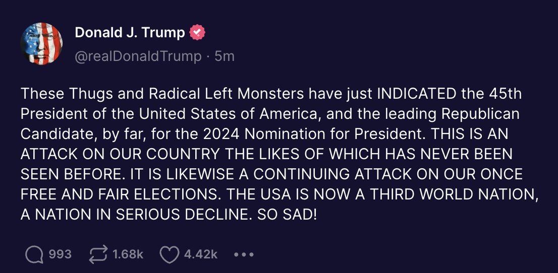MeidasTouch's tweet photo. Trump confirms he has been 'INDICATED' https://t.co/b1c4V669Sz