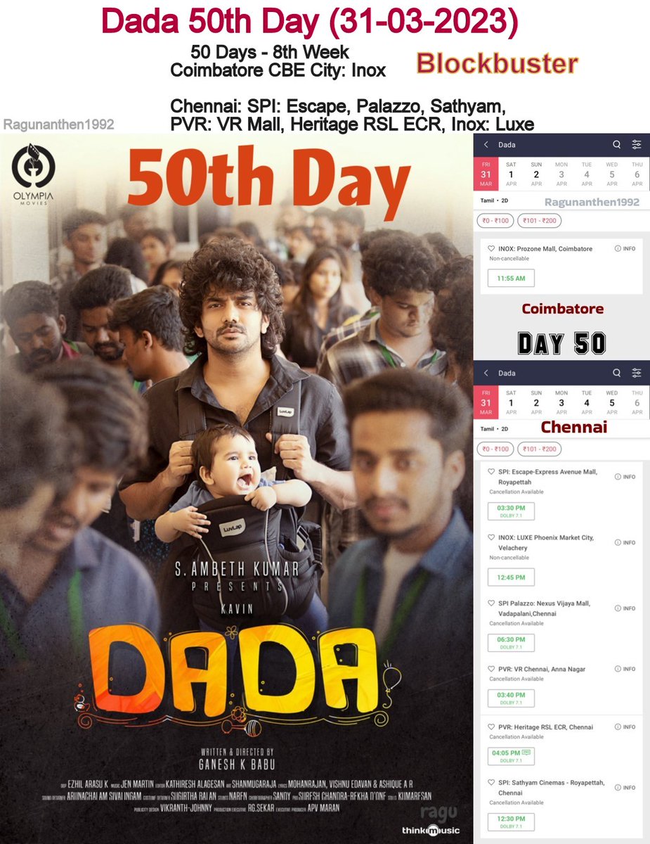 Ragunanthen1992's tweet photo. #Dada 50th Day (31-03-2023) 💖
50 Days - 8th Week
#Coimbatore #CBE City: Inox
#Chennai: SPI: Escape, Palazzo, Sathyam, PVR: VR Mall, Heritage RSL ECR, Inox: Luxe
#Dada50thDay Blockbuster🎉
#Dada50Days #50DaysOfDada
@Kavin_m_0431 @aparnaDasss @ganeshkbabu https://t.co/S4GcP7qW00