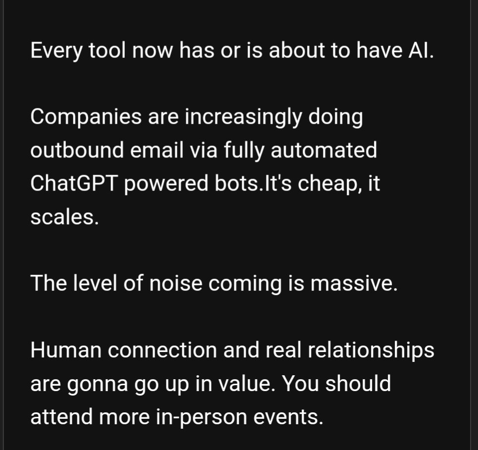 100% agree with <a href="/peeplaja/">Pe:p Laja</a> here.

When AI takes over wen content, IRL will be the best place to stand out.