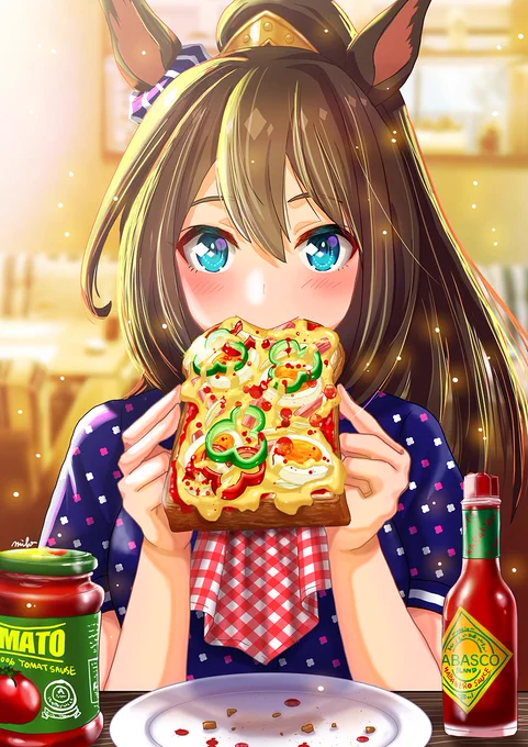 ピザトーストエルちゃんとチャイナオグリちゃんかなぁ。どっちも食べてる途中のなのが不思議。#これでフォロワーさん増えました 