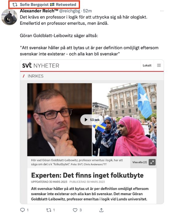 Morgan_Finnsio's tweet photo. Sofie Bergqvist, SD-tjänsteman i riksdagen, delar en antisemitisk lögn om att “professor Göran Goldblatt-Leibowitz” säger att “svenskar inte existerar”.

(Personen är påhittad; nyheten är photoshoppad; fotot är på en annan person.) https://t.co/O1vf1ROjTI