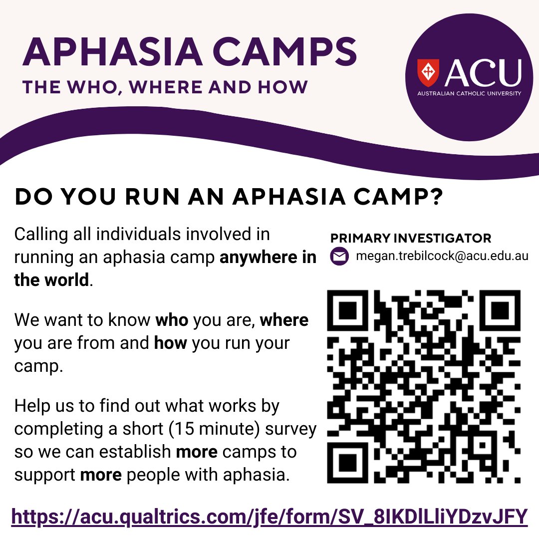 cara_heggie's tweet image. Calling all individuals involved in running an aphasia camp anywhere in the world. 
Complete a short survey to help us found out who you are, where you are from and how you run the camp. 
acu.qualtrics.com/jfe/form/SV_8I…
#aphasia #aphasiacamp #aphasiaresearch