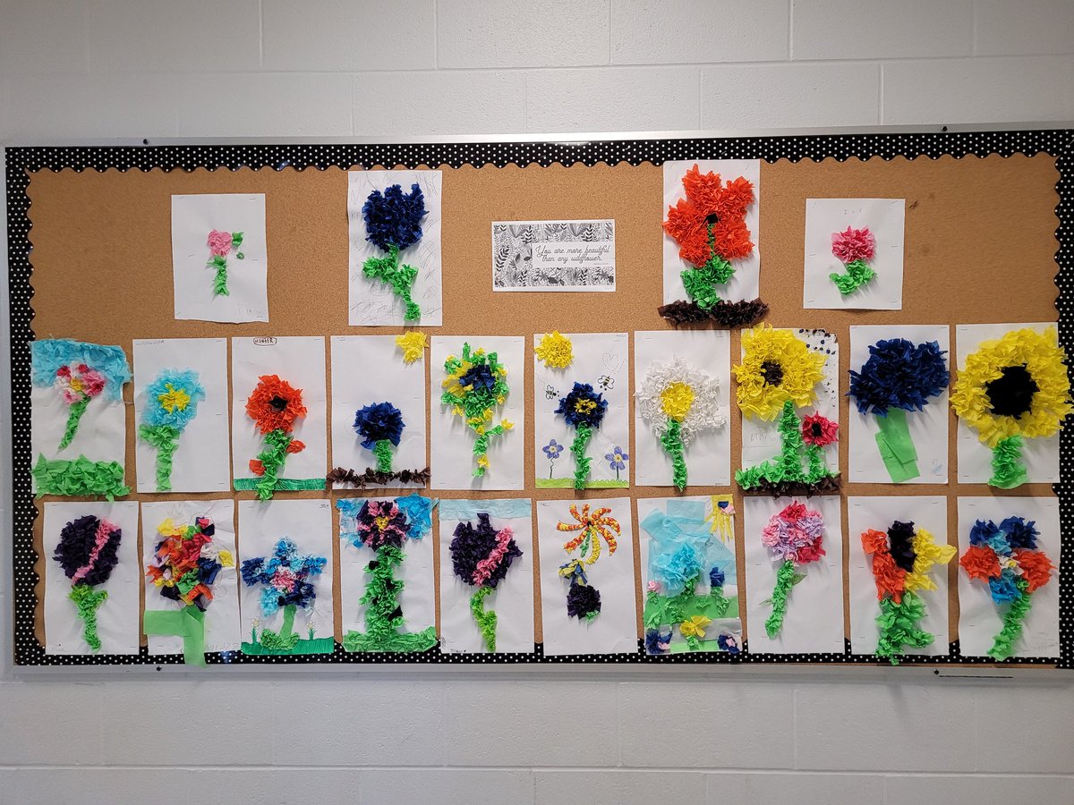 MsOwensCardinal's tweet photo. "You are more beautiful than any wildflower." 
- Matthew 6:28-31 
Stunning tissue paper art by some talented Grade 4 artists.
@JSCardinals https://t.co/4wmuX3HNQd