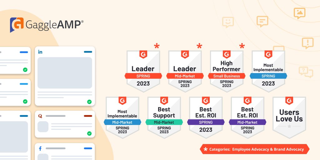 GaggleAMP's tweet photo. We are overwhelmed with joy for being recognized as a leader ๐ for #EmployeeAdvocacy once again in G2โs Spring 2023 Grid Report. We are elated on receiving the badges for #BestSupport , #BestROI, #MostImplementable and #UsersLoveUs. A big THANK YOU to all our amazing customers! https://t.co/jAzbvvZRH4