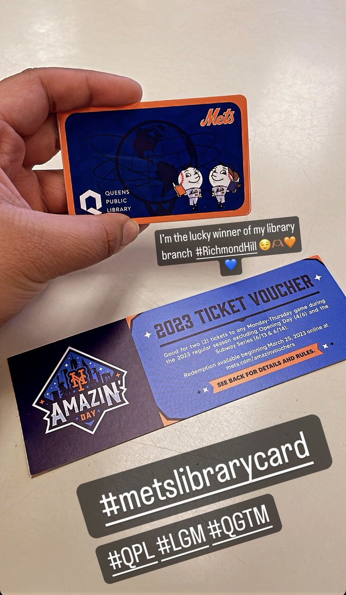 tuuuuuuuuumadre's tweet photo. I’m the lucky winner 🍀 @Mets @QPLNYC #MetsLibraryCard #LGM #QGTM https://t.co/VcSuuzoo2k