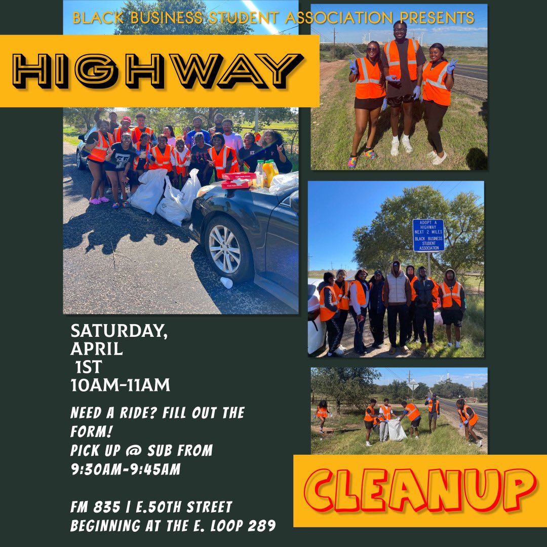Join us at our Highway Clean Up
Need a ride 🚘? DM us &amp; we will have a driver for you! 

🗓 Saturday, April 1st
📍FM 835 | E. 50TH ST 
⏱10am-11am