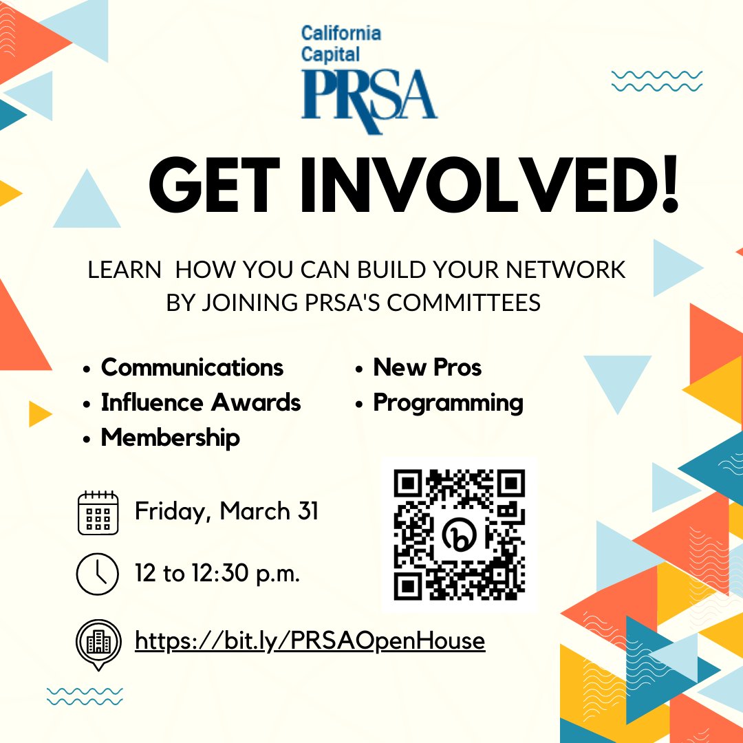 PRSASacramento's tweet photo. Interested in getting more involved with #PRSACCC? Committees are a great way to build your network, meet other members &amp; gain experience. Join us TOMORROW (3/31) at 12 p.m for a virtual open house 🏡 RSVP today ➡️ https://t.co/zNK0N1yVs1 https://t.co/w8l3j4oxrl