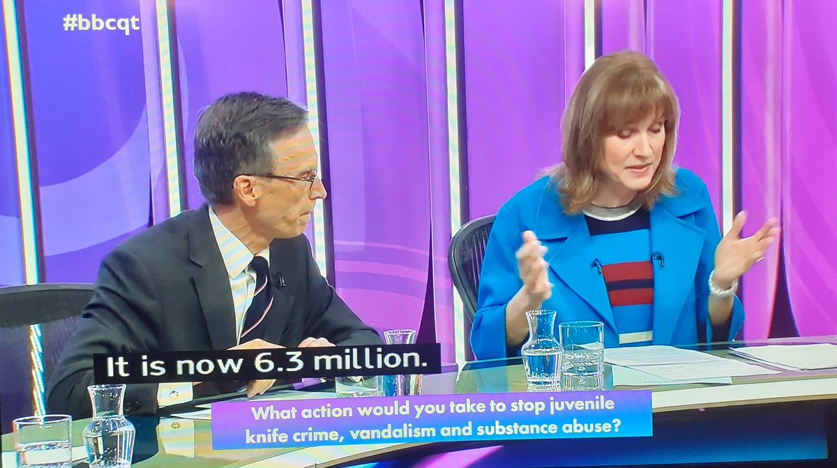 Credit where it's due: good to hear Fiona Bruce correct the Tory MP about his misleading claim that 'crime has come down by 50% since 2010', when according to the ONS, in 2010/11 there were 4.15M recorded crimes, &amp; 6.3M in 2021/22.
#bbcqt