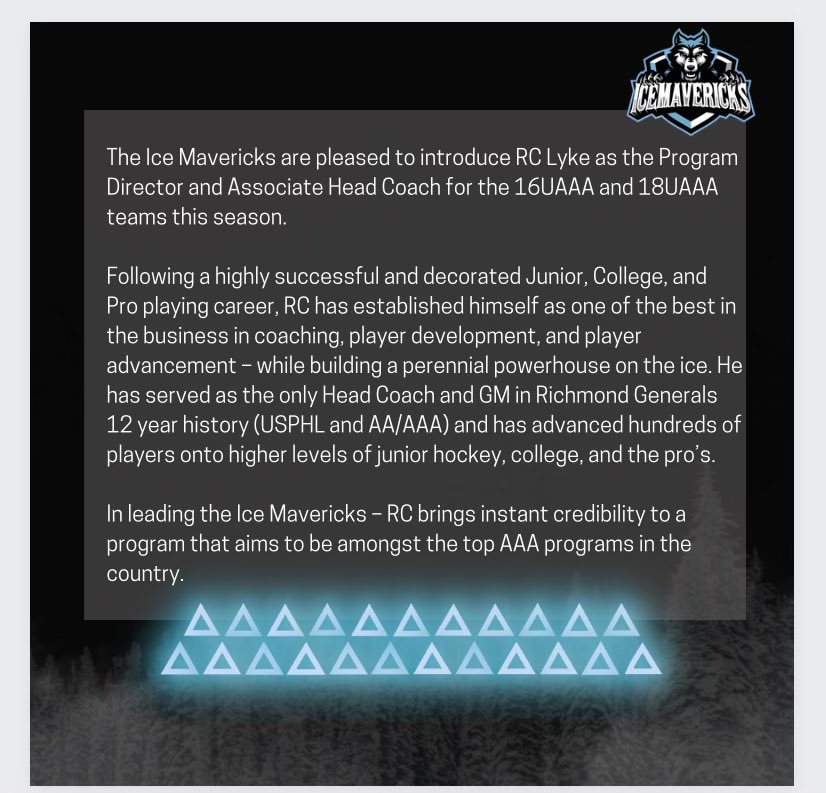 icemavshc's tweet photo. 🚨Hiring Announcement🚨

The Ice Mavericks are excited to announce the hiring of long time bench boss, @CoachLyke as our Hockey Director / u18 &amp; u16 associate HC. The Ice Mavericks are grateful to have Coach RC Lyke leading the program. #rollicemavs https://t.co/RhlzIaTTDl