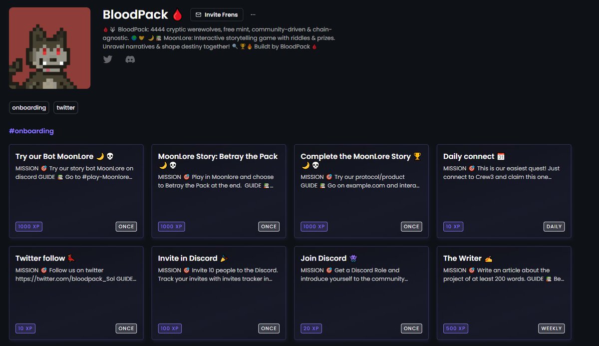 Bloodpack_Sol's tweet photo. 🚀🐺 @Bloodpack_Sol  is now on @Crew3xyz 🤝

Embark on thrilling quests with our new Crew3 Quest Board! 💥🏹

Get rewards &amp; uncover mysteries alongside fellow villagers. 🏆🔍

Join now &amp; start your adventure! 🌕🌌
🔗 https://t.co/l6pHJcoufN

#SolanaNFTs https://t.co/Vf8T0mpwSf