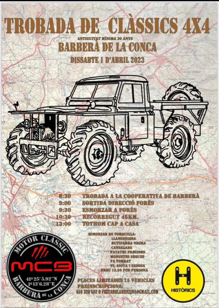 TurismedeFores's tweet photo. Aquest dissabte 1 d’abril tindrà lloc a Forès una trobada de cotxes clàssics 4x4. A les 9:00 h sortida direcció Forès i a les 9:30h esmorzar a Forès. Serà una trobada on podrem gaudir de clàssics 4x4. #elmiradordelaconca #turismeforès #4x4 #cotxesclassics #turismefores https://t.co/EjBjERBGho