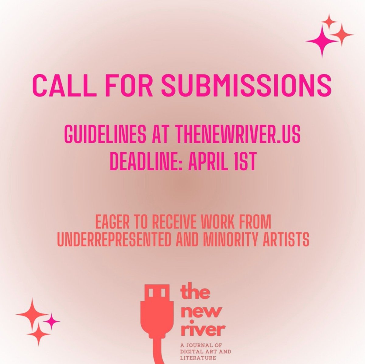 The New River: A Journal of Digital Art &amp; Literature is open for submissions until Saturday, April 1st! Send us your electronic literature, new media art, browser-based video games, and anything in between. Info at thenewriver.us. Submissions to: thenewriverVT@gmail.com.