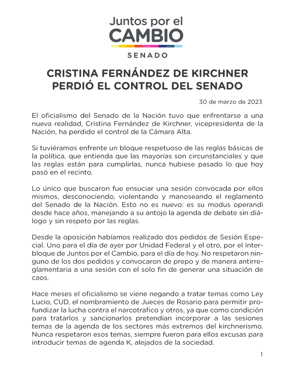 CambiemosSenado's tweet photo. ✍🏻 Comunicado del Interbloque de Senadores Nacionales de Juntos por el Cambio.

@CFKArgentina  perdió el control del Senado. https://t.co/988wNvoXqX