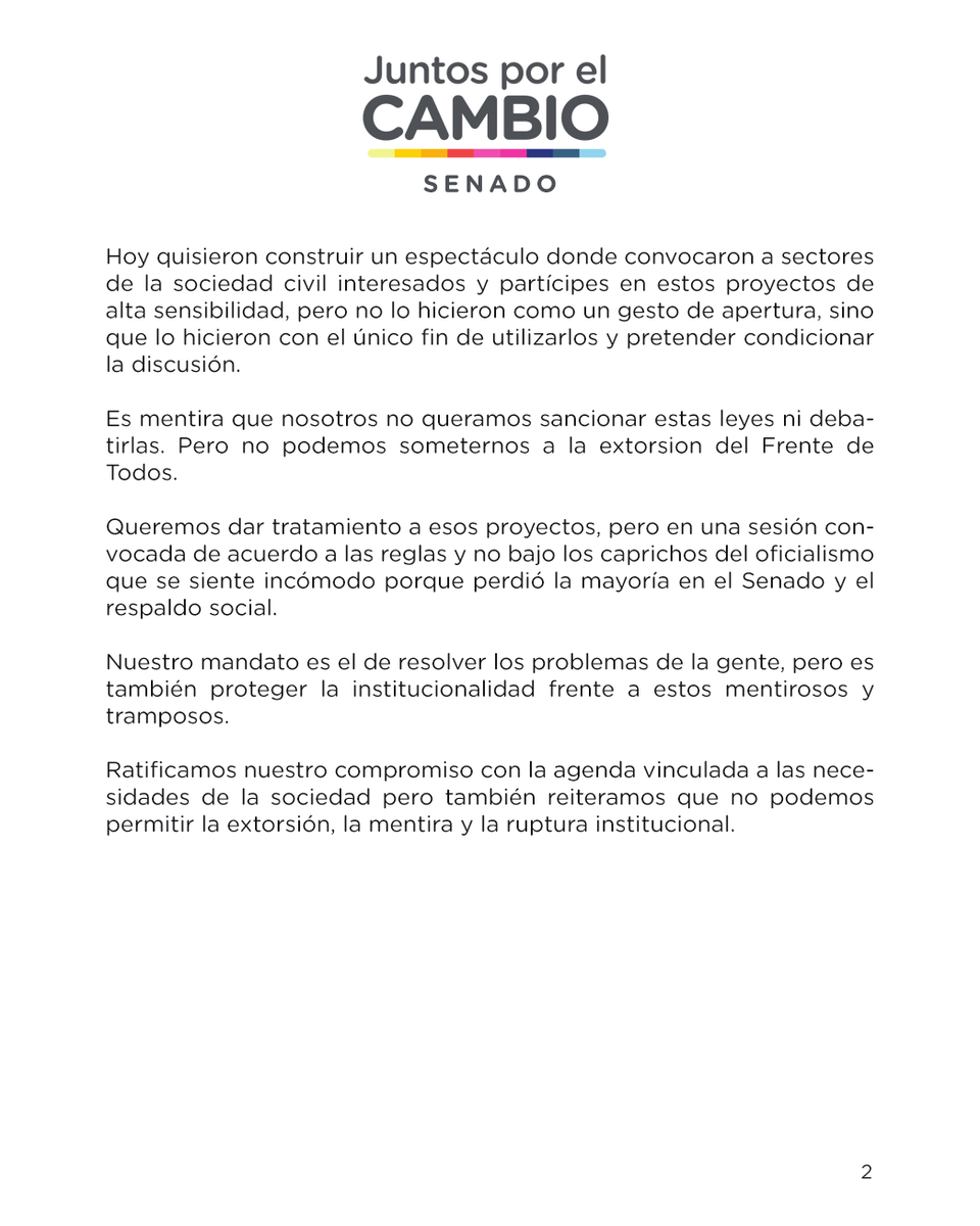 CambiemosSenado's tweet photo. ✍🏻 Comunicado del Interbloque de Senadores Nacionales de Juntos por el Cambio.

@CFKArgentina  perdió el control del Senado. https://t.co/988wNvoXqX