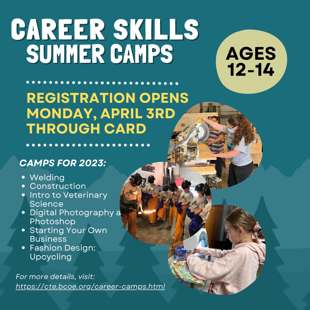Butte County CTE is proud to partner with local agencies to provide camps focusing on career technical education skills to students in grades 6-8. 

Registration opens MONDAY, APRIL 3rd, through CARD! Learn more on our website - CTE.bcoe.org.  #ButteCOE