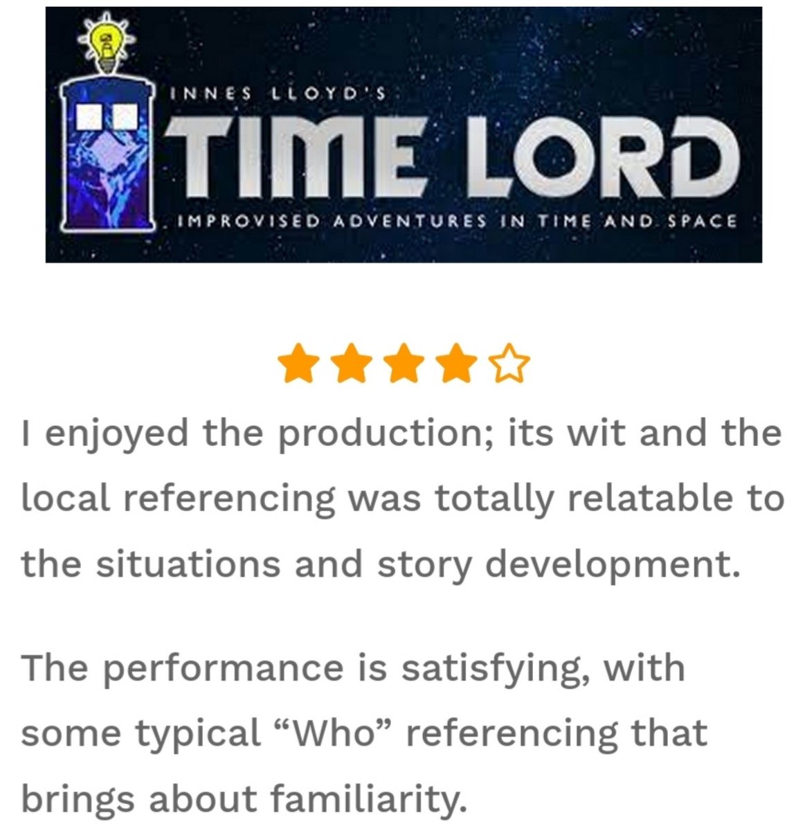 First review is in!

FOUR STARS from <a href="/matters_theatre/">Theatre Matters</a> 

#inneslloydcomedy #improvisedtimelord