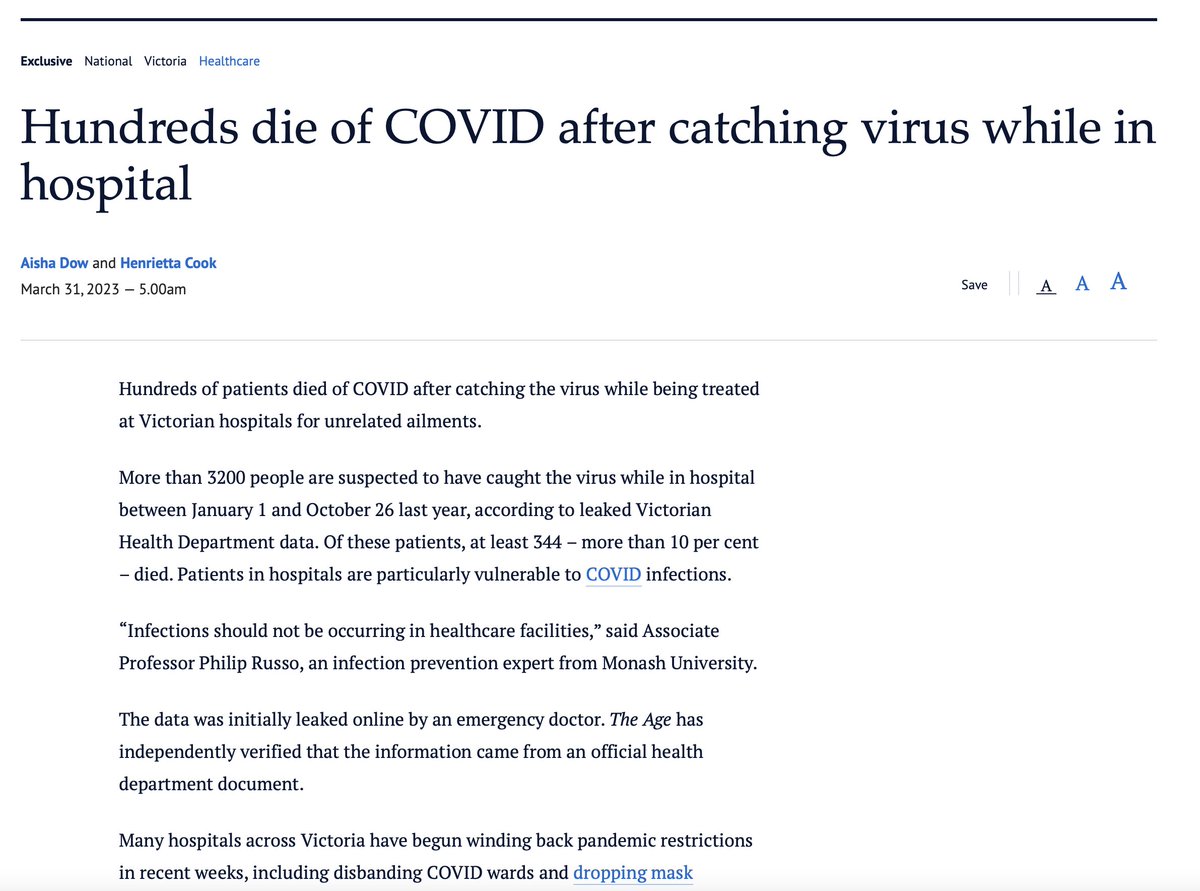Hundreds die of COVID after catching virus while in hospital More than 3200 infected., according to leaked Victorian Health Department data. Of these patients, at least 344 – more than 10 per cent – died. 1/ 12ft.io/proxy?q=https%…
