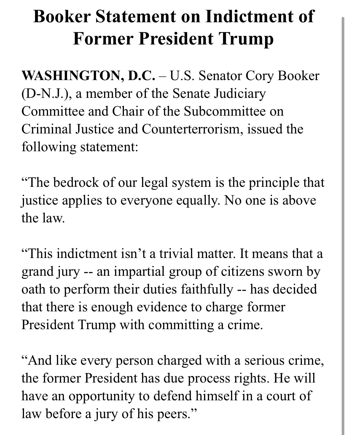 Sen. Cory Booker على X: &ldquo;The bedrock of our legal system is the 