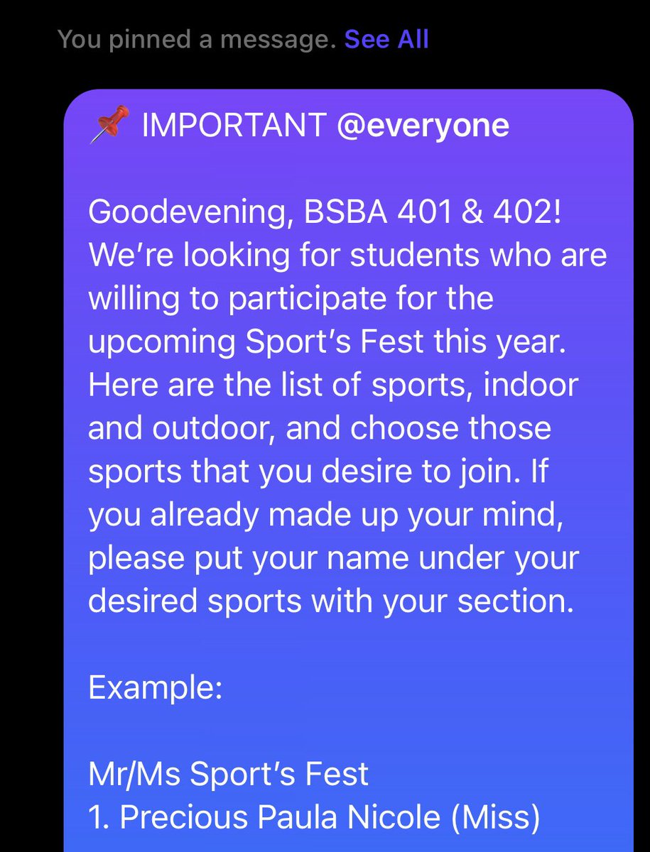 wala na kasi akong maisip na example kaya natatawa nalang ako palagi na kada send nila ng form, may nakikita akong “precious paula nicole (miss STI sport’s fest 2023” 😭