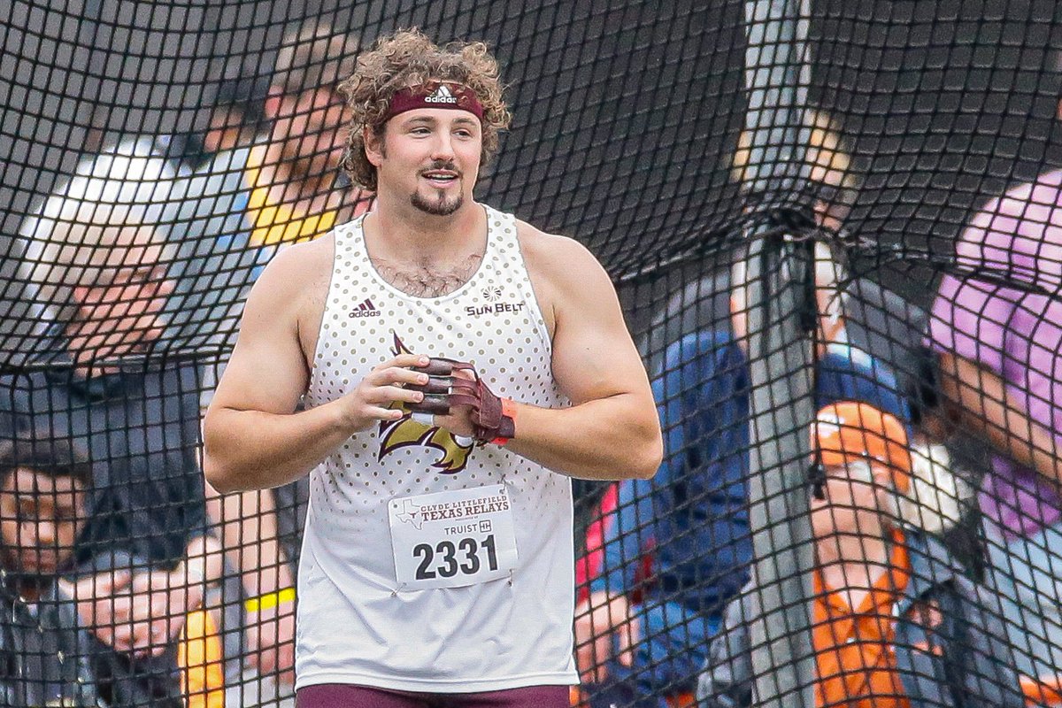 TXStateTrack's tweet photo. 🚨 SCHOOL RECORD 🚨

Leonard threw 66.65m/218-8 in the men's hammer throw at the Texas Relays to set a new best in program history

#EatEmUp https://t.co/rt1Hz4sYvH