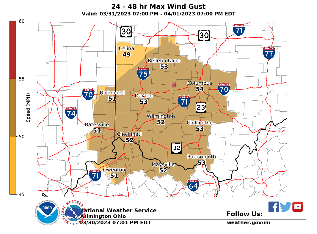 NWSILN's tweet photo. Those aren't temperatures those are wind gusts for Saturday!  Wind gusts are expected to be over 50 mph at times during the day on Saturday.  Please don't do any outdoor activities that would put you or others in harms way. https://t.co/vYHNWsuWX3
