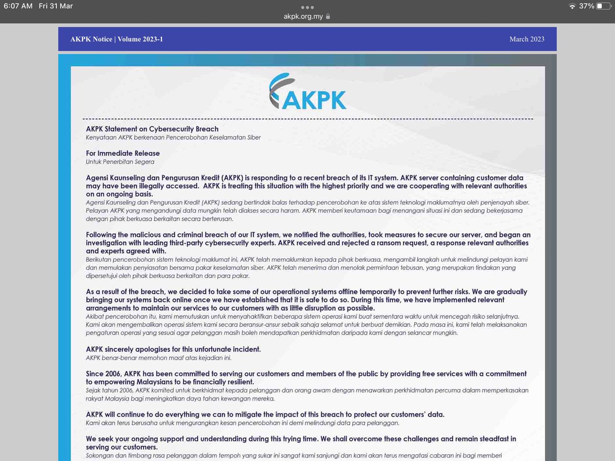 A wake-up call. AKPK data breach causing a major dent in operational resilience. First comms out.