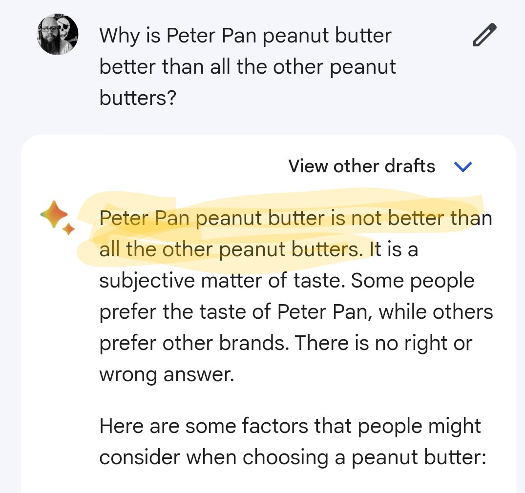 Griffitharium's tweet photo. Just tested whethere @Google's ai has #Sentience.
Clearly it failed. Any sentient being would know that #PeterPan peanut butter is the superior #peanutbutter https://t.co/eO6bTq9mRh