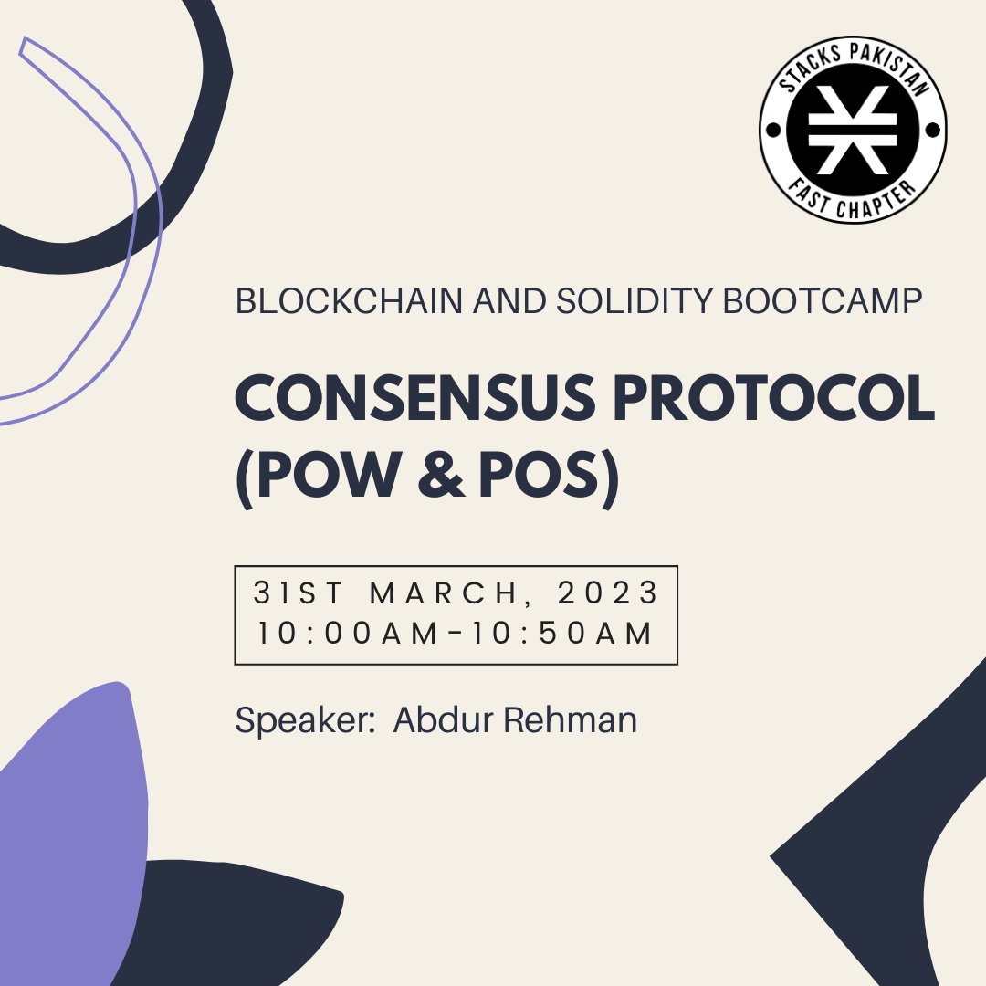 StacksFast's tweet photo. Get ready to dive into Blockchain development with the Stacks Fast Blockchain and Solidity boot camp!

Topic: Consensus Protocol (POW &amp; POS)
Speaker: Abdur Rehman

See you all there!

#BlockchainEducation #DecentralizedApps #blockchain #smart #contracts #nft #Solidity #Ethereum https://t.co/UIBMNhAIE2