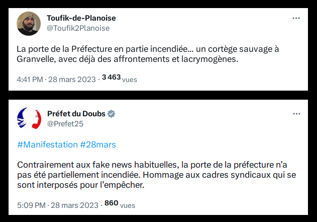 Toufik2Planoise's tweet photo. Mensonges et mépris, bienvenue chez @Prefet25.

[1/5] Ce mardi 28/03 alors que j'informais qu'une « porte [avait été] en partie incendiée » en marge de la manif' intersyndicale, les services de J.F. Colombet n'ont pas hésité à me qualifier publiquement « d'habituelle fake-news. » https://t.co/x2P2OlumAn