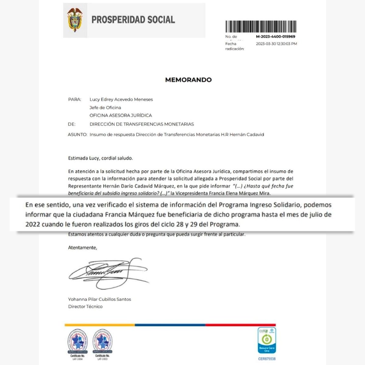 hernancadavidma's tweet photo. La Sra. @FranciaMarquezM, con "de malas" y todo, ha tenido que contestar a mis preguntas y hallamos que cuando ya estaba electa Vicepresidente, seguía recibiendo el subsidio Ingreso Solidario.

"De malas" los más necesitados, porque ella se les quedó con el subsidio. https://t.co/l4eC9DPvN7