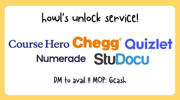 howlservice's tweet photo. unlock per link

- bartleby learn ₱4
- chegg ₱4
- quizlet ₱4
- numerade ₱5
- studocu ₱5
- scribd ₱5
- course hero ₱7

send message lang po to avail !!

lf unblur unblock unlocks ph rush https://t.co/rbPUrhjtNG