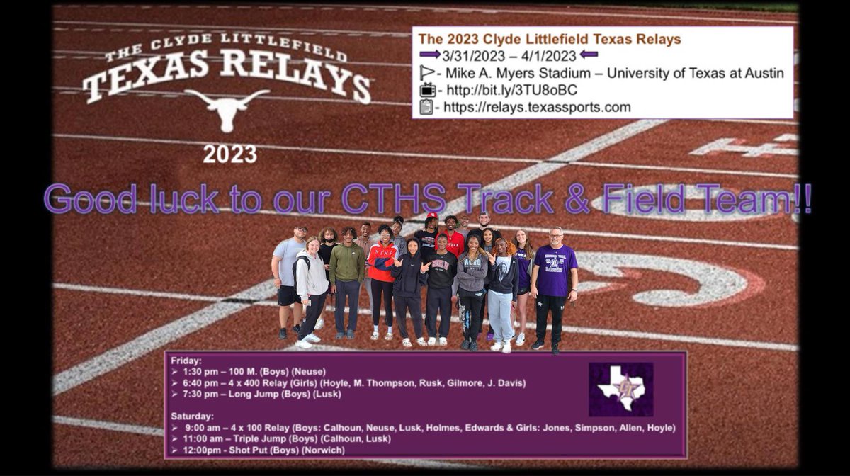 CTHSTrackField's tweet image. 🌟Good luck to our CTHS Track &amp;amp; Field Team Qualifiers!!🌟 They are headed down to compete in the 2023 Clyde Littlefield Texas Relays!!! Let's GGGGOOO!!!!!!🔥@emsisdathletics @ChisholmTrailHS  @Coach_Bode @bmiller2028  @CoachBrevard  @InsideTxTrack @ihss_dfw @HSwfaa @Gosset41