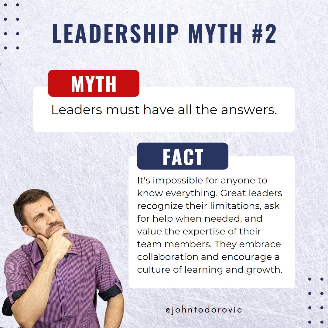 johntodorovic's tweet photo. Myth: Leaders must have all the answers.

It's impossible for anyone to know everything. Outstanding leaders recognize their limitations, ask for help when needed, and value the expertise of their team members.

#leadership #leadershipdevelopment #leadershipcoach https://t.co/UftI6VY9JD