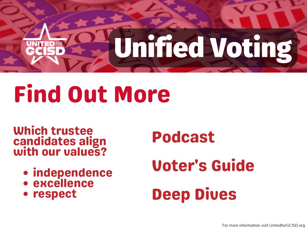 UnitedForGCISD's tweet photo. How has extremism impacted our ability to vote in #GCISD? Watch the August board meeting to witness the moment our voting rights changed! Unified voting is our best action to #TakeBackGCISD - sign the petition and vote May 6!
https://t.co/1udkDczizJ https://t.co/9DGV8OXuzz
