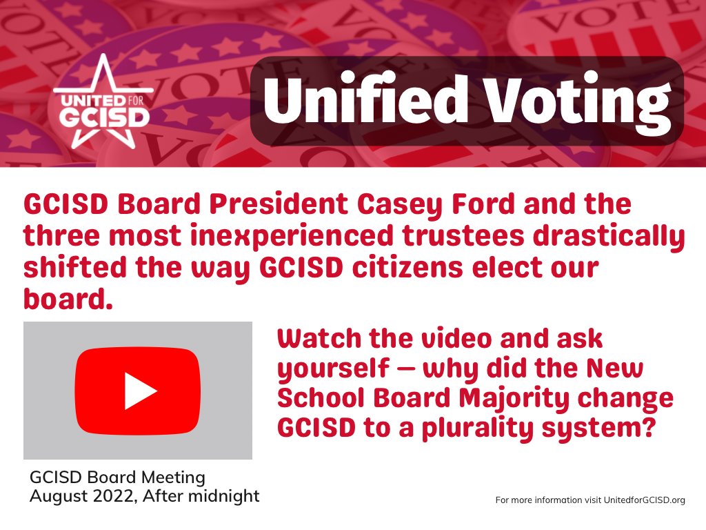 UnitedForGCISD's tweet photo. How has extremism impacted our ability to vote in #GCISD? Watch the August board meeting to witness the moment our voting rights changed! Unified voting is our best action to #TakeBackGCISD - sign the petition and vote May 6!
https://t.co/1udkDczizJ https://t.co/9DGV8OXuzz