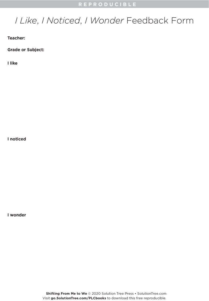 SolutionTree's tweet photo. The 'I like, I noticed, I wonder' feedback format shown here allows leaders to celebrate the best practices going on in classrooms and still push forward teachers’ practice through self-reflection.

Download this and more from Shifting From Me to We: https://t.co/435tPszScc https://t.co/jdT96a7bp6