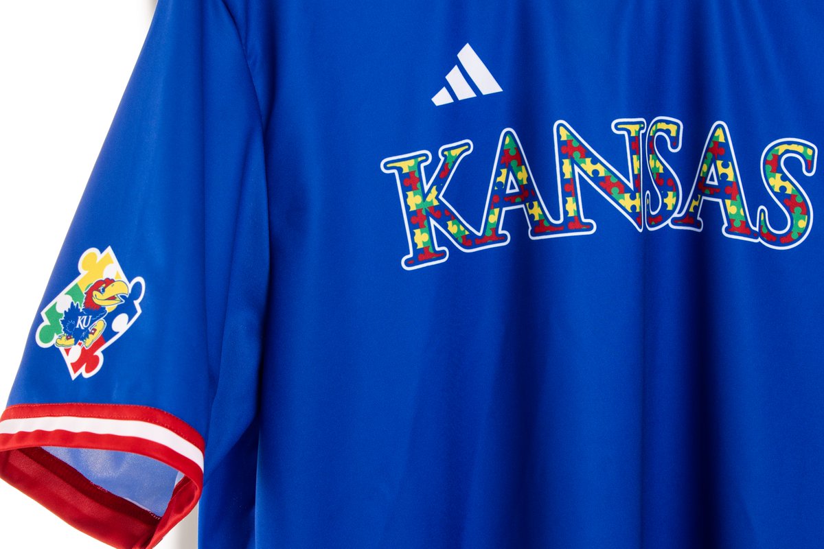 KUBaseball's tweet photo. The special uniforms that we will be wearing on Sunday for World Autism Awareness Day 🧩

#RockChalk https://t.co/nPzc1jai0J