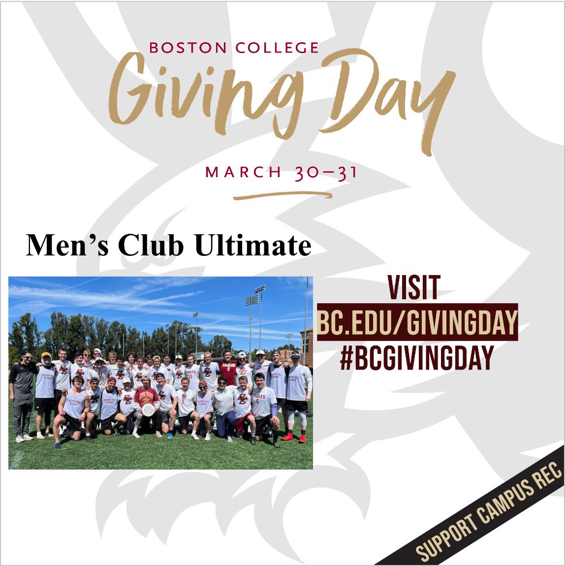 bcultimate's tweet image. It’s BC giving day! Please visit      bc.Edu/givingday to support Men’s Club Ultimate. We appreciate the love!