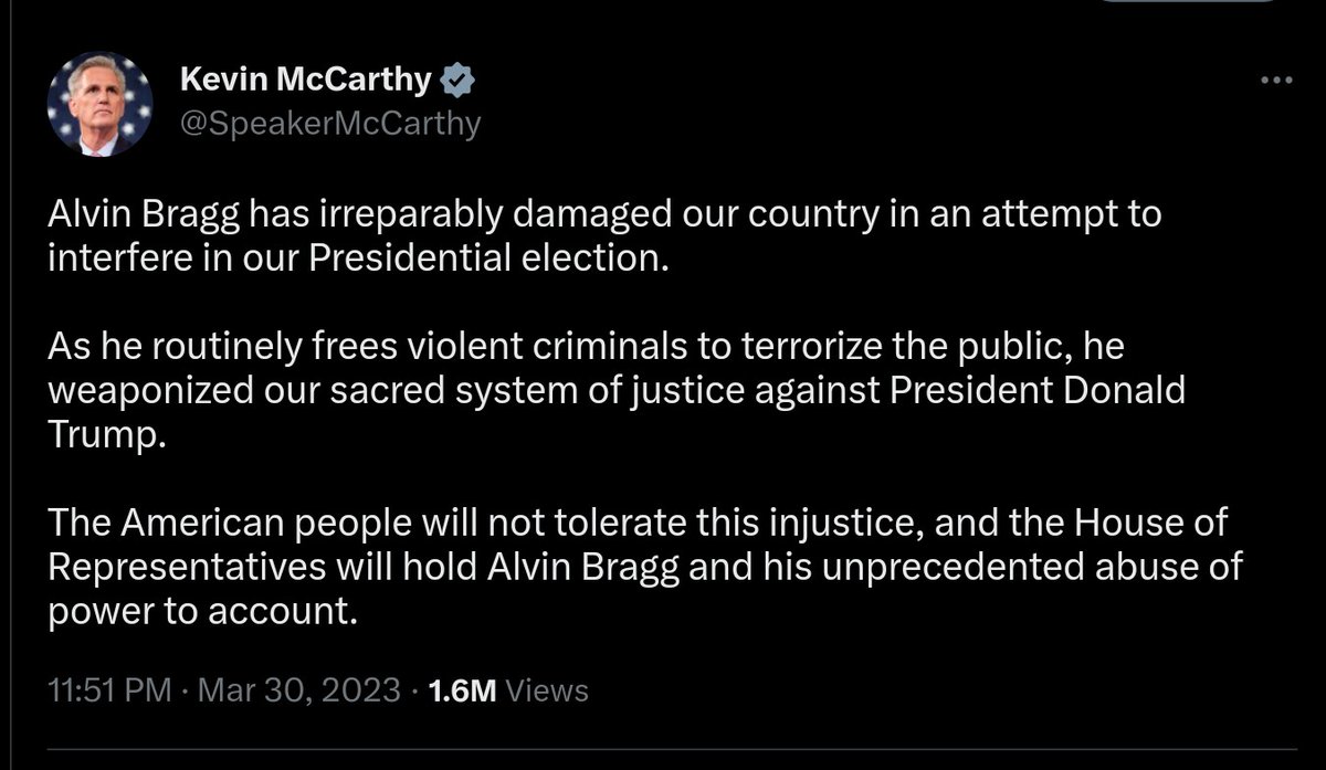 TonyHussein4's tweet photo. Speaker Kevin McCarthy's attacks on Alvin Bragg in defense of Donald Trump are unacceptable and threaten the integrity of our rule of law. By using the House as a weapon, Speaker McCarthy is demonstrating that he believes Donald J. Trump is above the law. No one is above the law. https://t.co/dwsOhv4F88