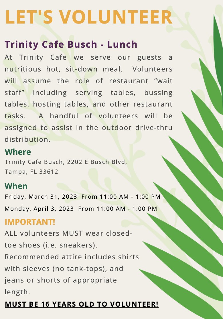 Let's help the community and volunteer...<a href="/FeedingTampaBay/">Feeding Tampa Bay</a>  

SIGN UP NOW!
volunteer.feedingtampabay.org/opportunity/a1…
~ 
#eme4390s23 #HelpingHand #volunteer