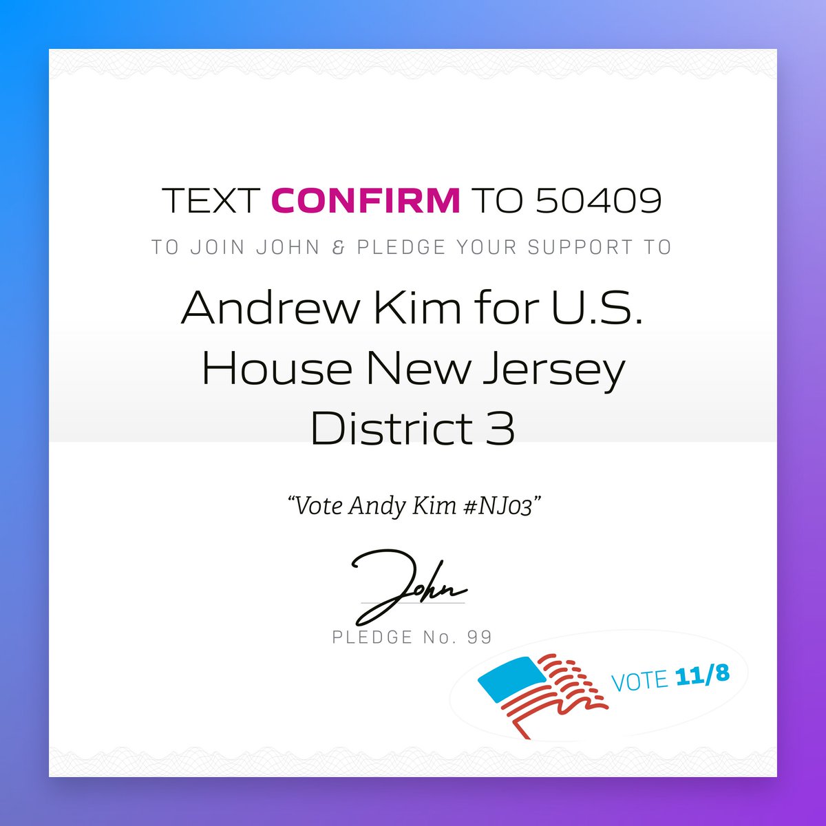 🖋 John in Mclean County, N.D. just pledged to support Andrew Kim for U.S. House New Jersey District 3! 

Tap to pledge your support &amp; get ready to vote: x.com/messages/compo…